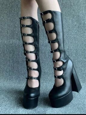 Black Strappy Knee-High Platform Heels